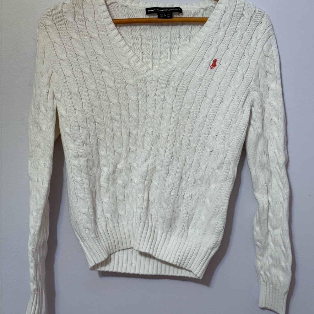 Ralph Lauren White V-Neck Cable Knit Sweater